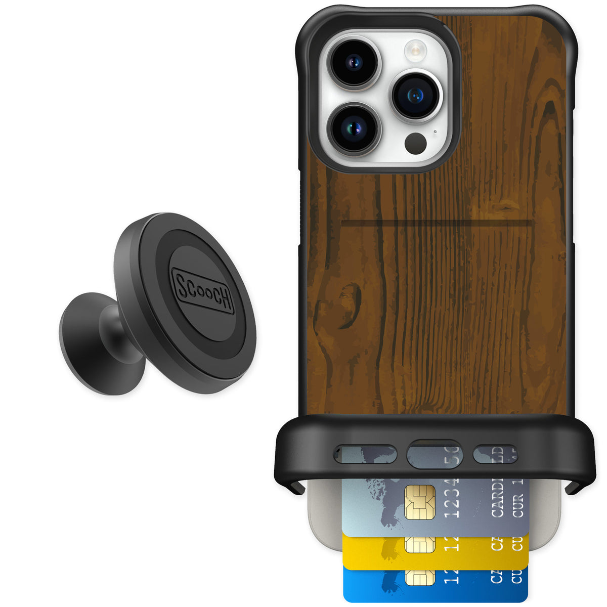 Scooch Wingmate Wood Grain for iPhone 15 Pro Max — Starter Bundle