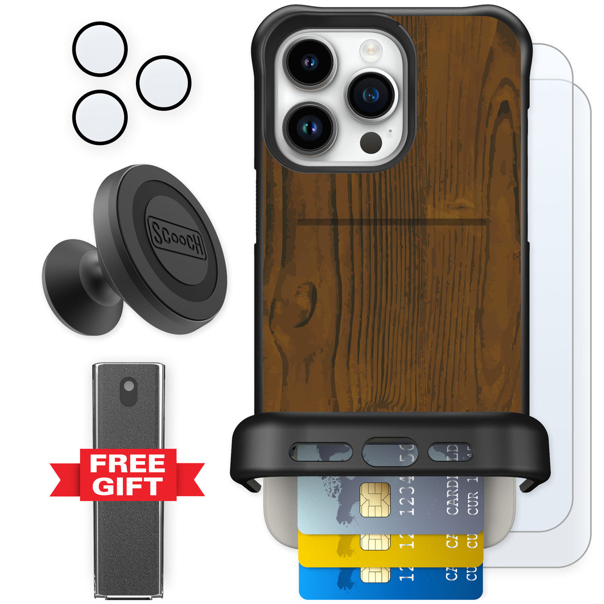 Scooch Wingmate Wood Grain for iPhone 15 Pro Max — Defender Bundle