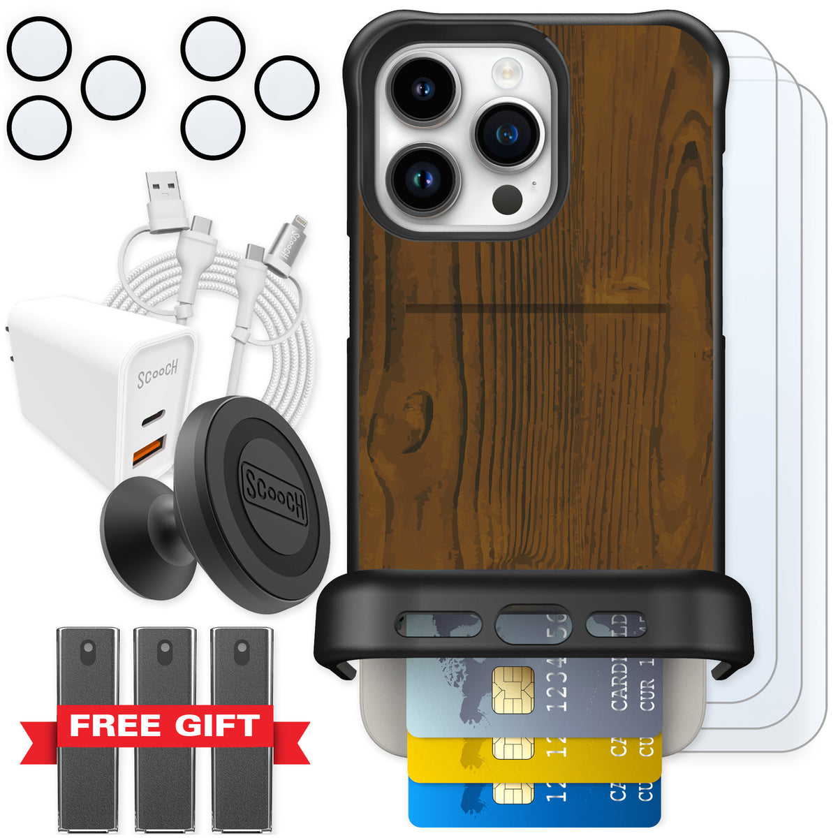 Scooch Wingmate Wood Grain for iPhone 15 Pro Max — Ultimate Bundle