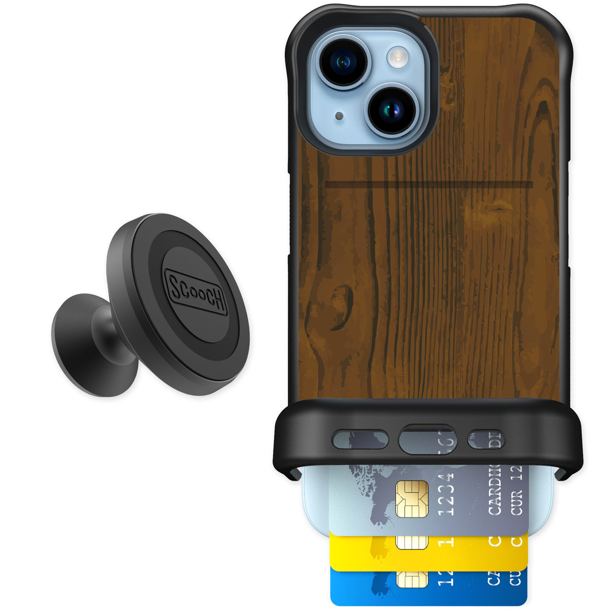 Scooch Wingmate Wood Grain for iPhone 15 — Starter Bundle