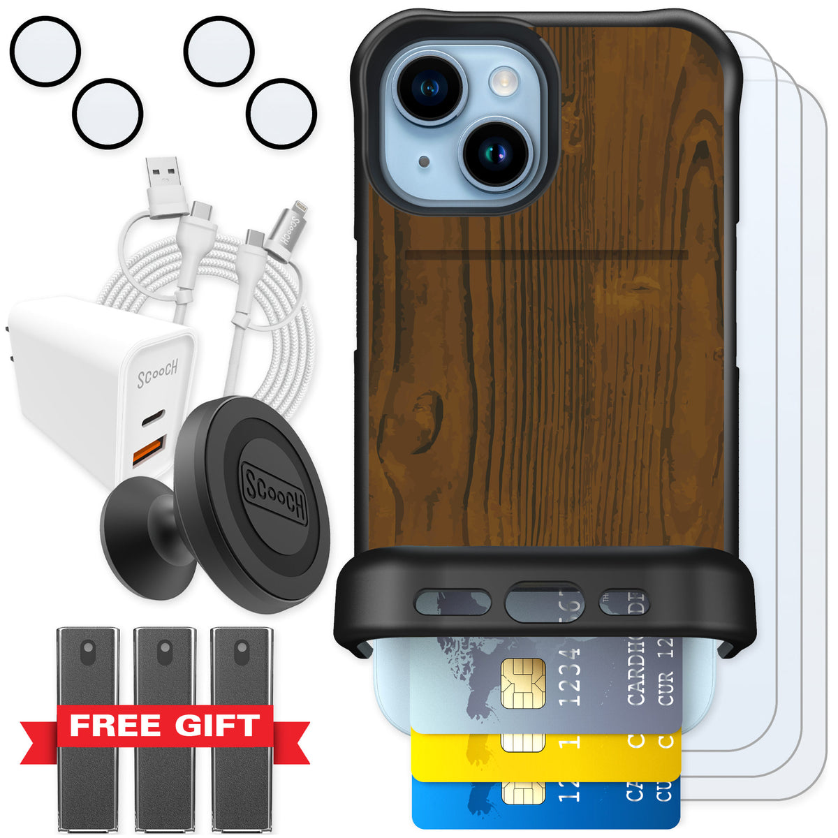 Scooch Wingmate Wood Grain for iPhone 15 — Ultimate Bundle