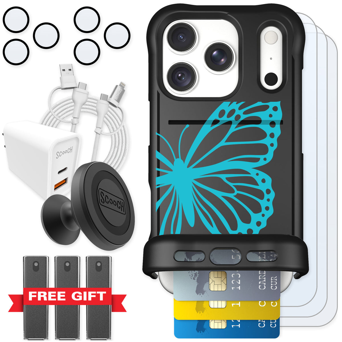 Scooch Wingmate Azure Butterfly for iPhone 18 Pro — Ultimate Bundle