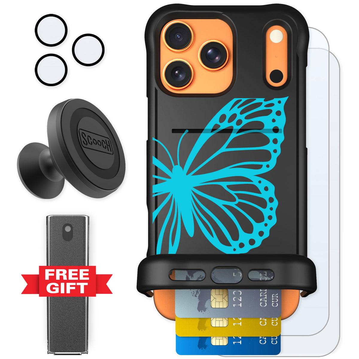 Scooch Wingmate Azure Butterfly for iPhone 17 Pro Max — Defender Bundle
