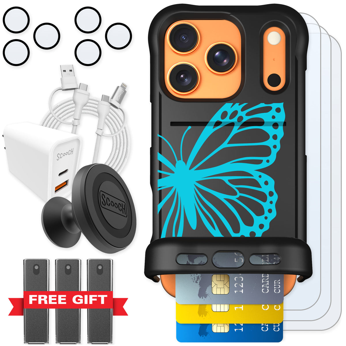Scooch Wingmate Azure Butterfly for iPhone 17 Pro — Ultimate Bundle