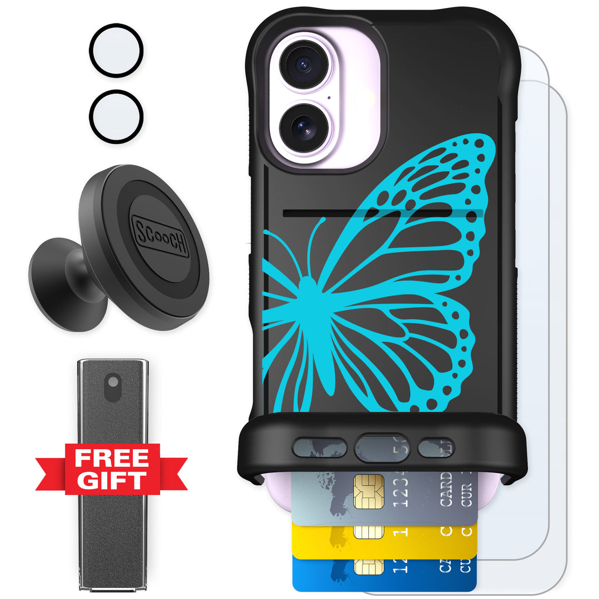 Scooch Wingmate Azure Butterfly for iPhone 17 — Defender Bundle