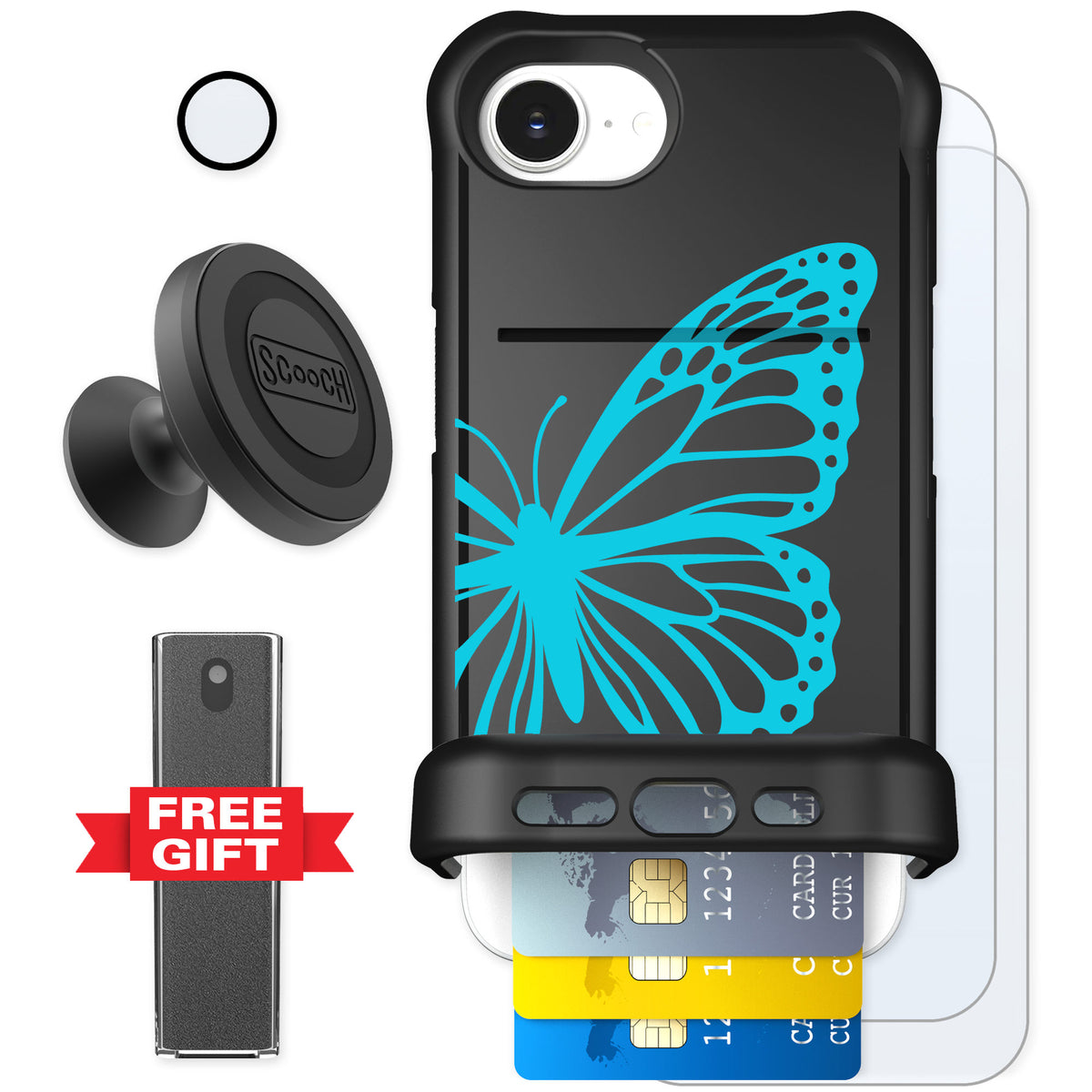 Scooch Wingmate Azure Butterfly for iPhone 17e — Defender Bundle