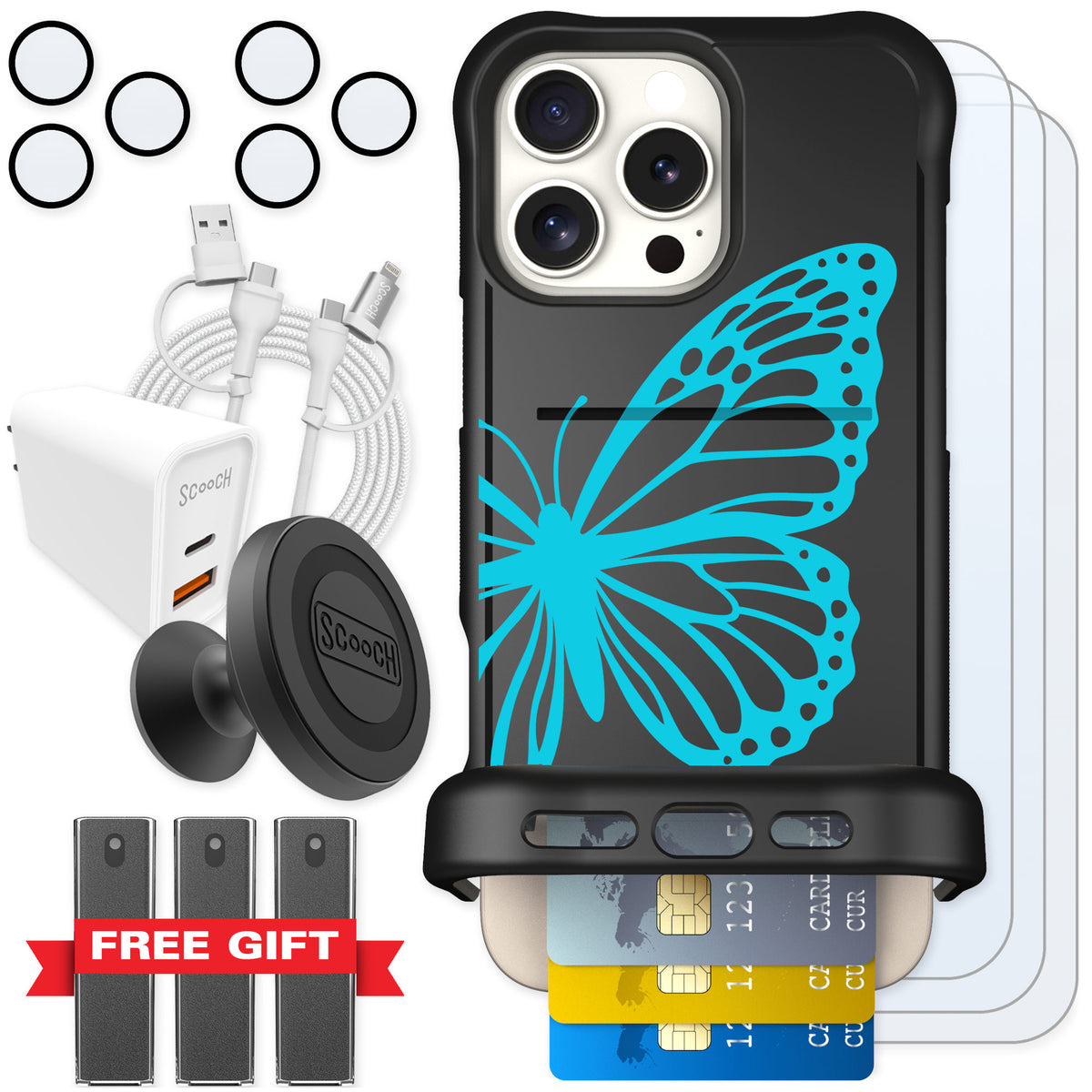 Scooch Wingmate Azure Butterfly for iPhone 16 Pro Max — Ultimate Bundle