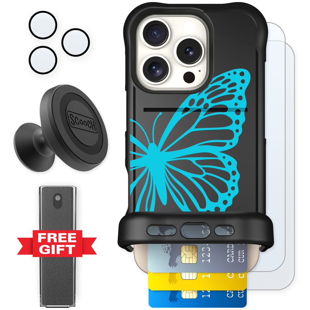 Scooch Wingmate Azure Butterfly for iPhone 16 Pro — Defender Bundle