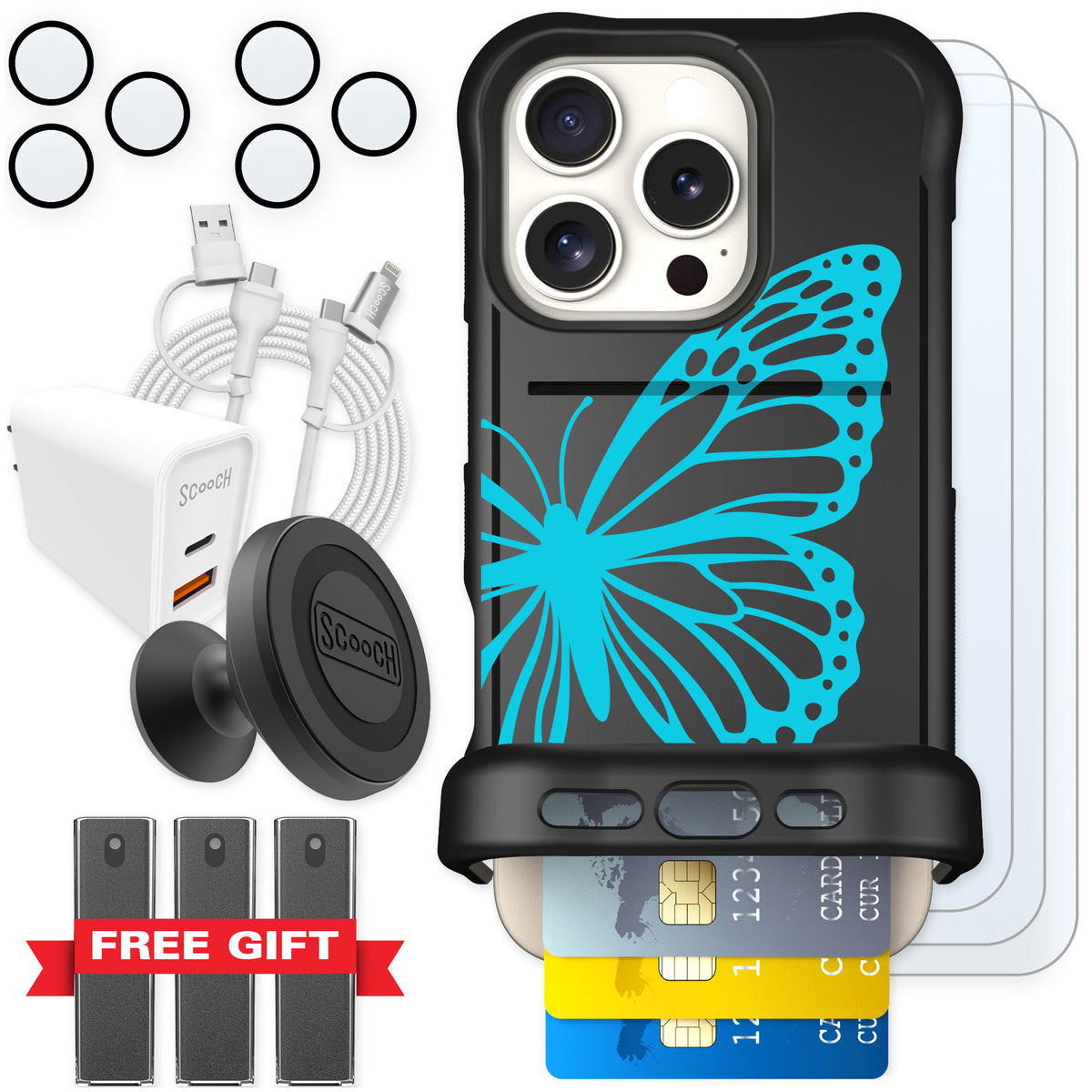Scooch Wingmate Azure Butterfly for iPhone 16 Pro — Ultimate Bundle