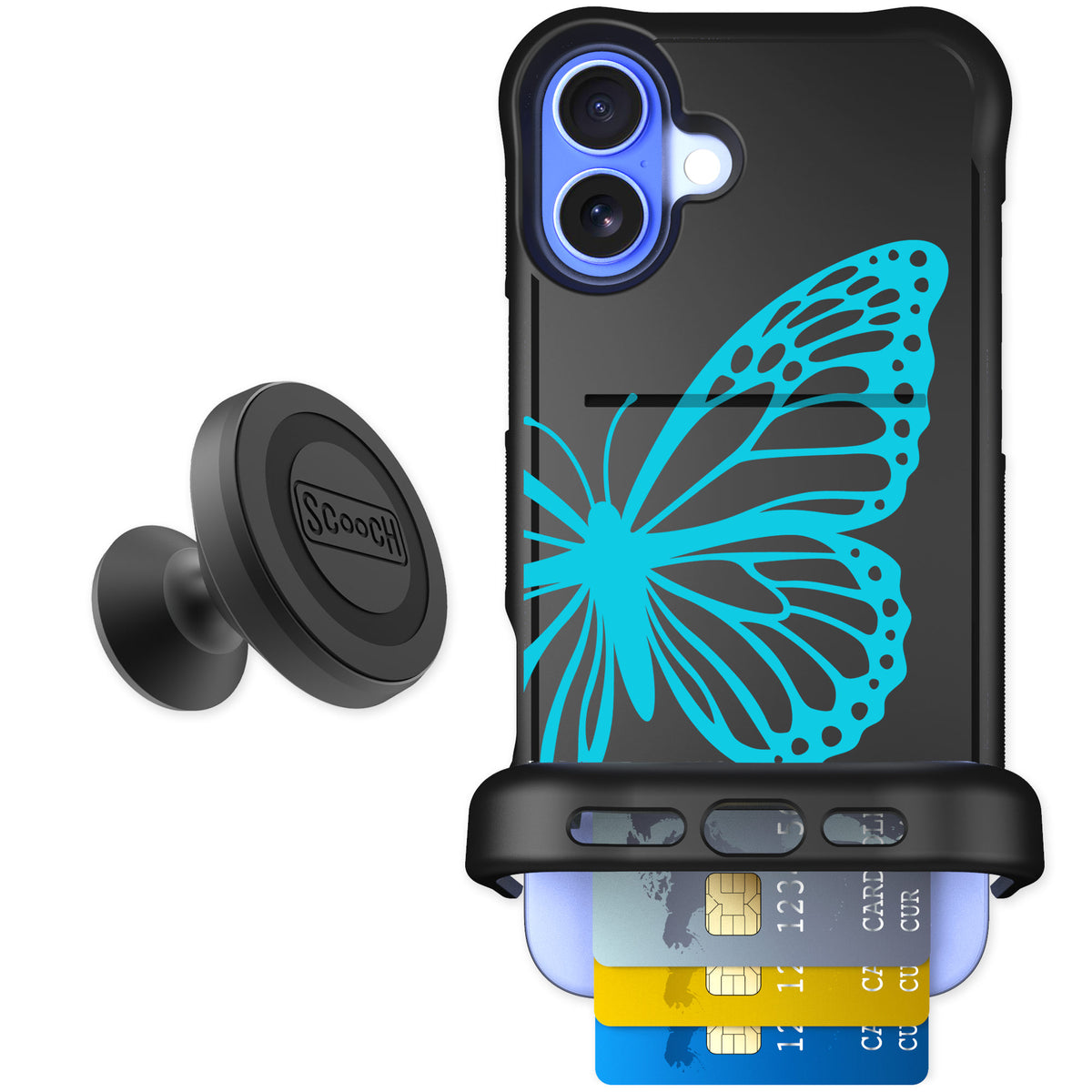 Scooch Wingmate Azure Butterfly for iPhone 16 Plus — Starter Bundle