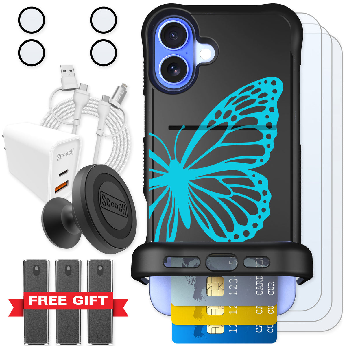 Scooch Wingmate Azure Butterfly for iPhone 16 Plus — Ultimate Bundle