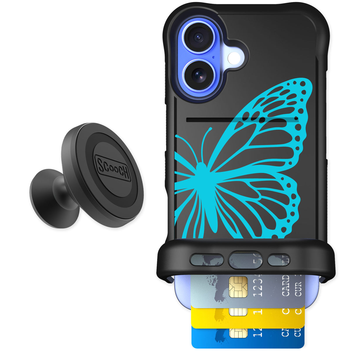 Scooch Wingmate Azure Butterfly for iPhone 16 — Starter Bundle