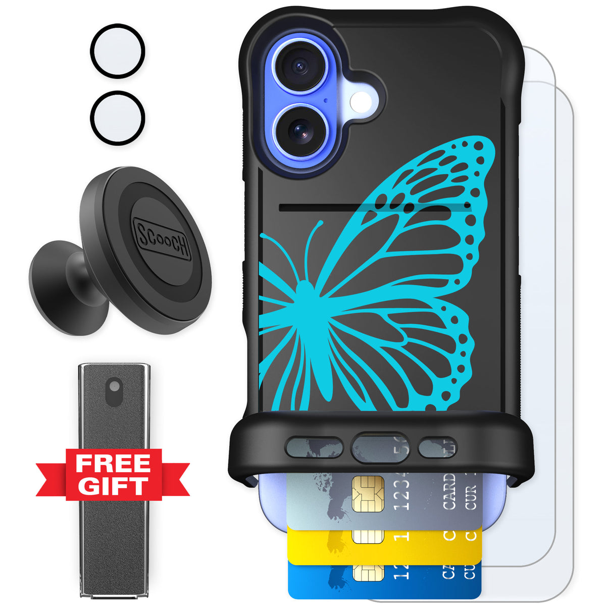 Scooch Wingmate Azure Butterfly for iPhone 16 — Defender Bundle