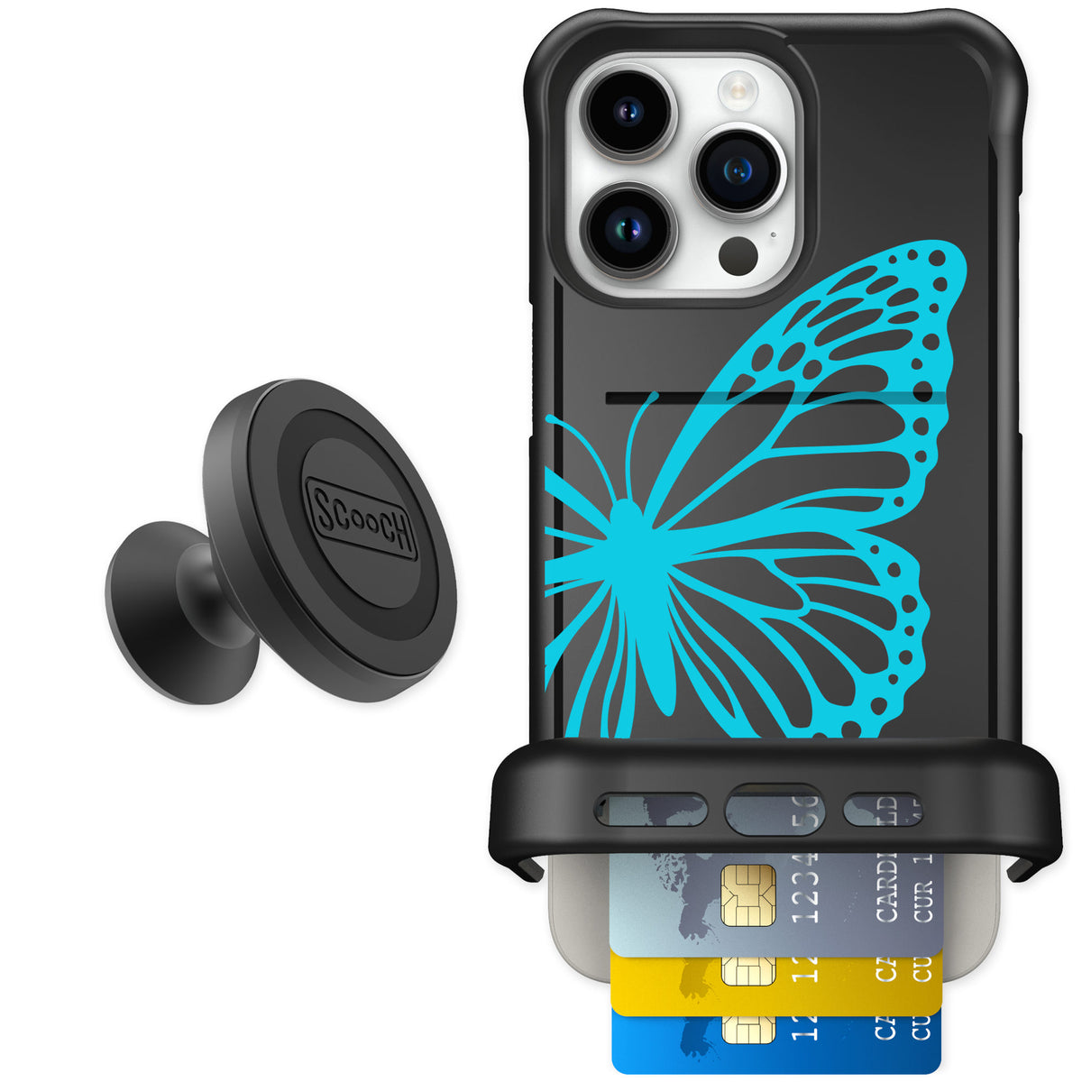Scooch Wingmate Azure Butterfly for iPhone 15 Pro Max — Starter Bundle