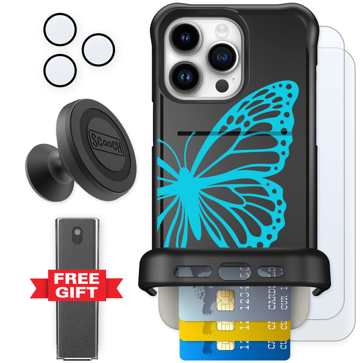 Scooch Wingmate Azure Butterfly for iPhone 15 Pro Max — Defender Bundle