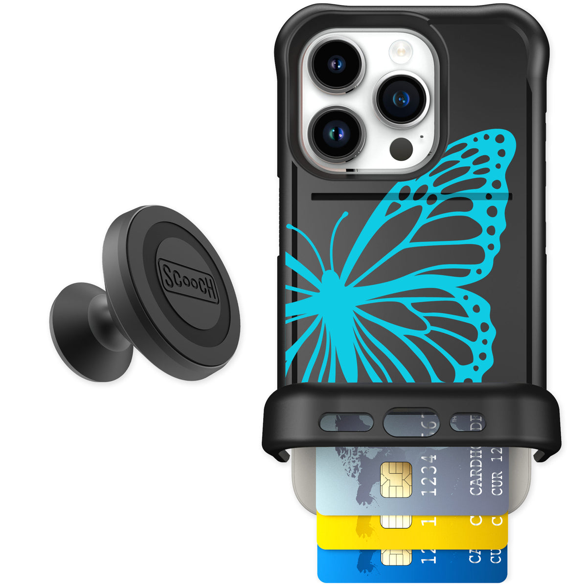 Scooch Wingmate Azure Butterfly for iPhone 15 Pro — Starter Bundle