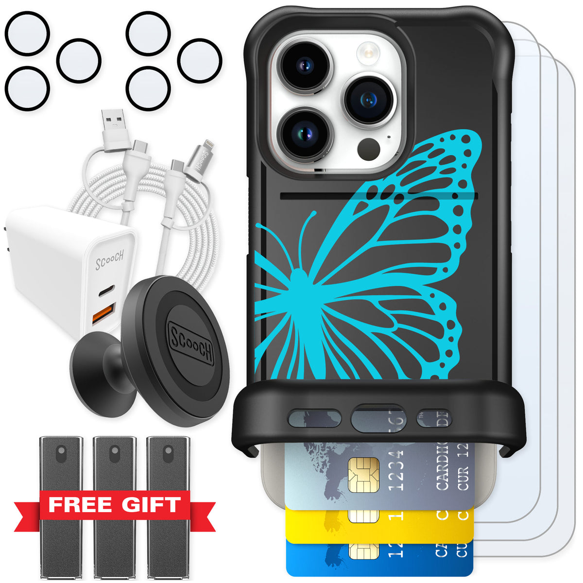 Scooch Wingmate Azure Butterfly for iPhone 15 Pro — Ultimate Bundle