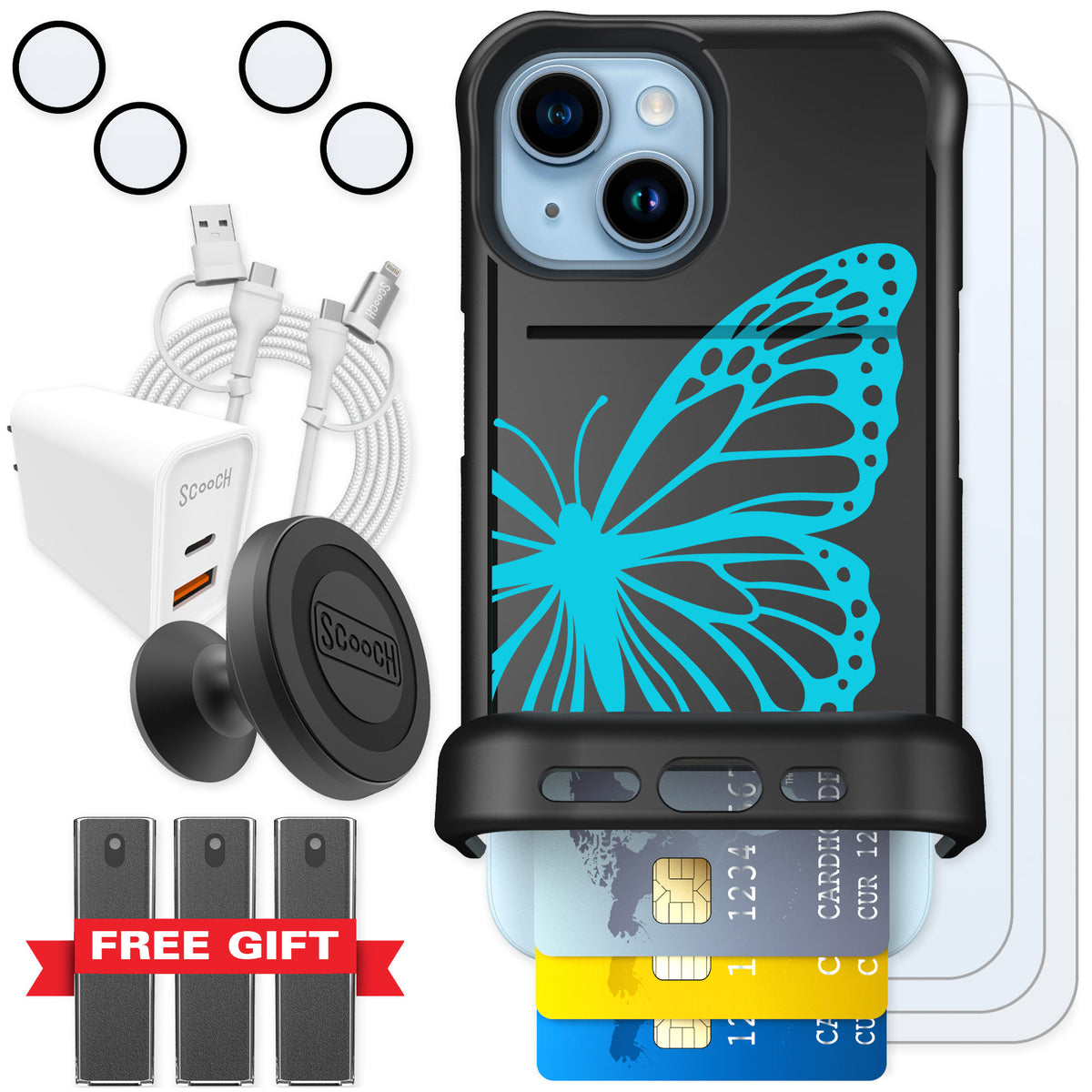 Scooch Wingmate Azure Butterfly for iPhone 15 — Ultimate Bundle