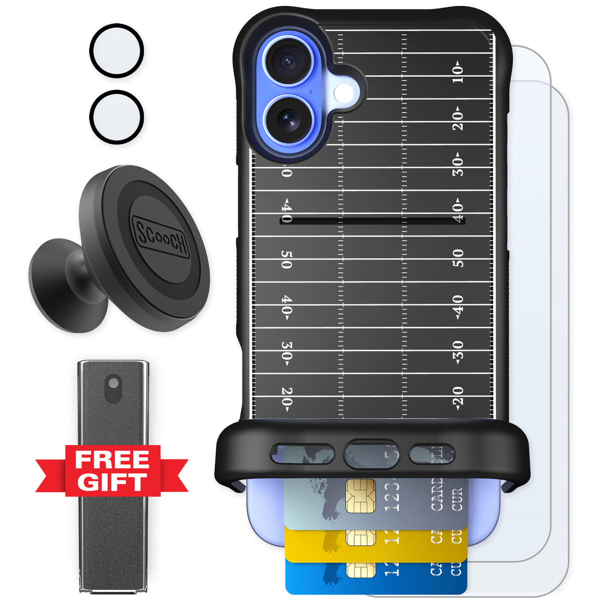 Scooch Wingmate Yard Lines for iPhone 16 Plus — Defender Bundle
