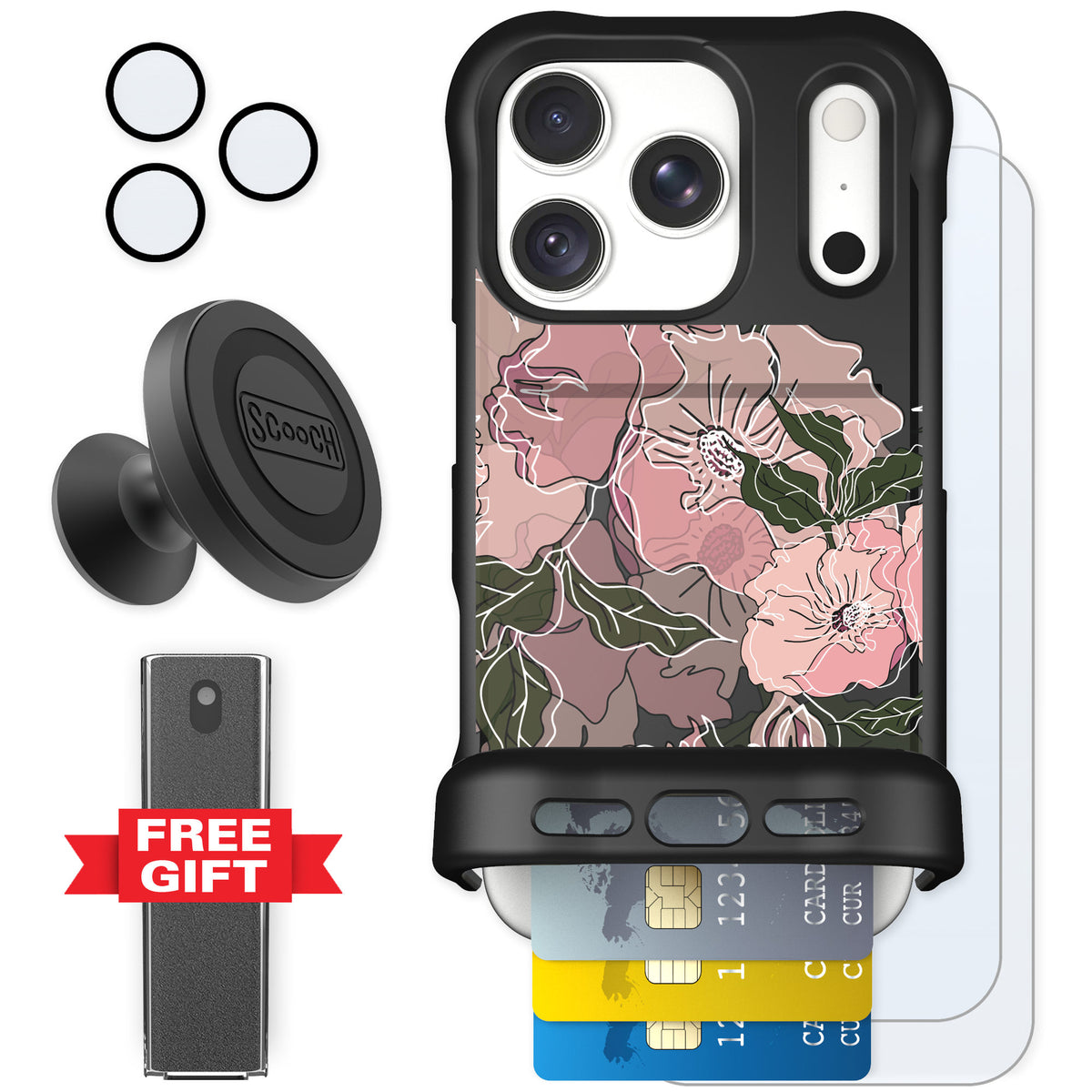 Scooch Wingmate Blush Botanical for iPhone 18 Pro — Defender Bundle