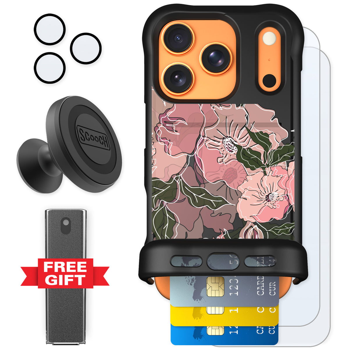 Scooch Wingmate Blush Botanical for iPhone 17 Pro — Defender Bundle