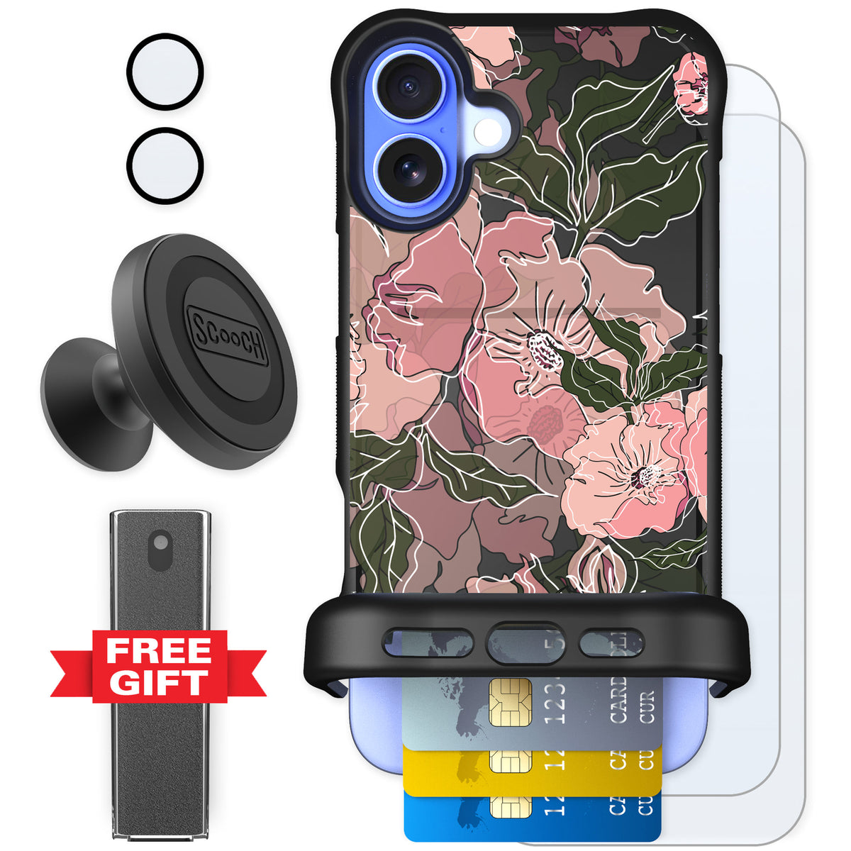 Scooch Wingmate Blush Botanical for iPhone 16 Plus — Defender Bundle