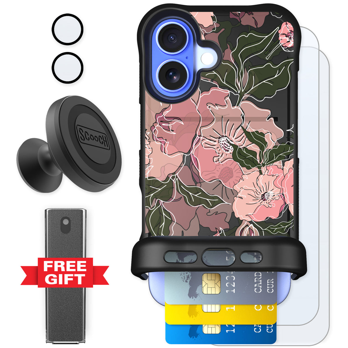 Scooch Wingmate Blush Botanical for iPhone 16 — Defender Bundle