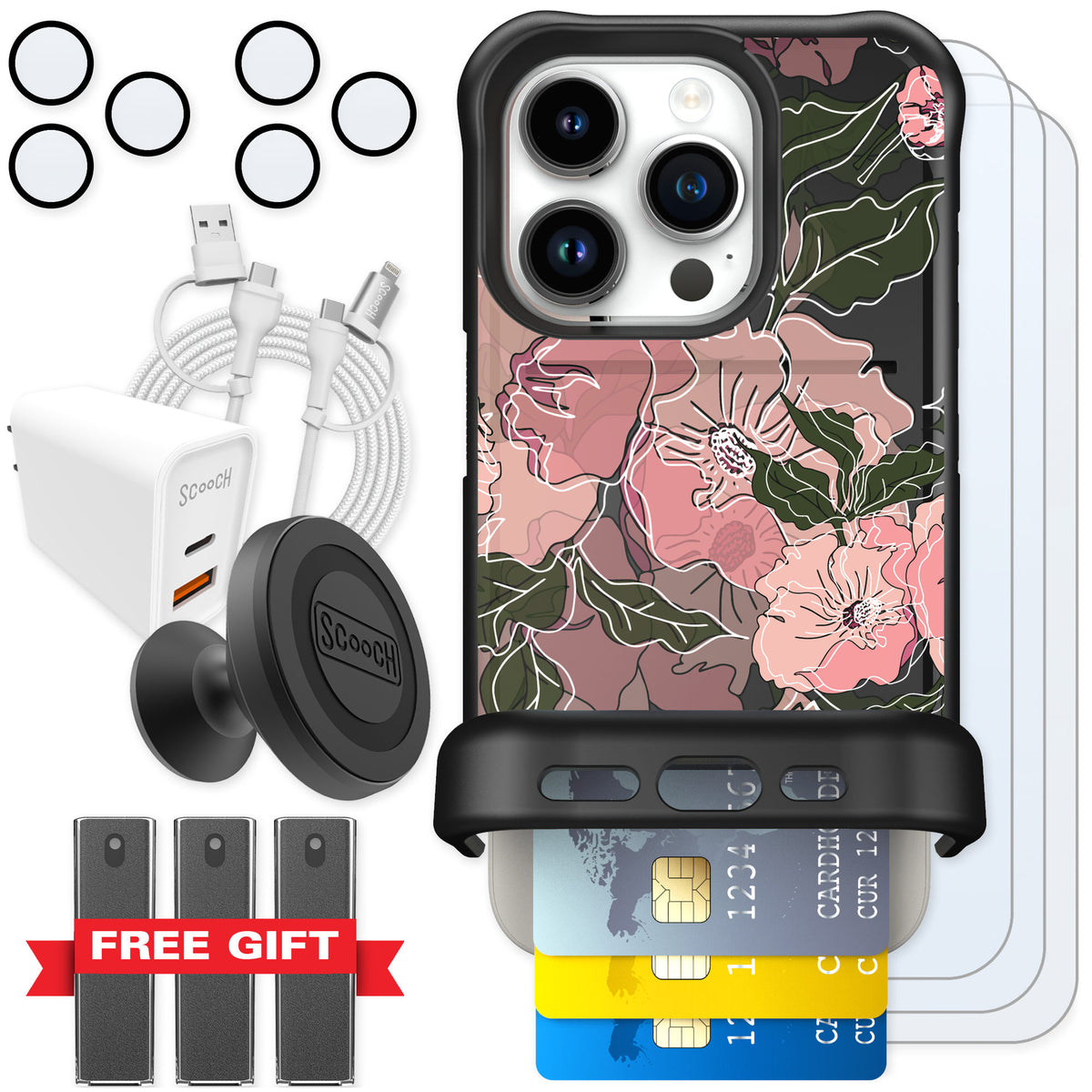 Scooch Wingmate Blush Botanical for iPhone 15 Pro — Ultimate Bundle