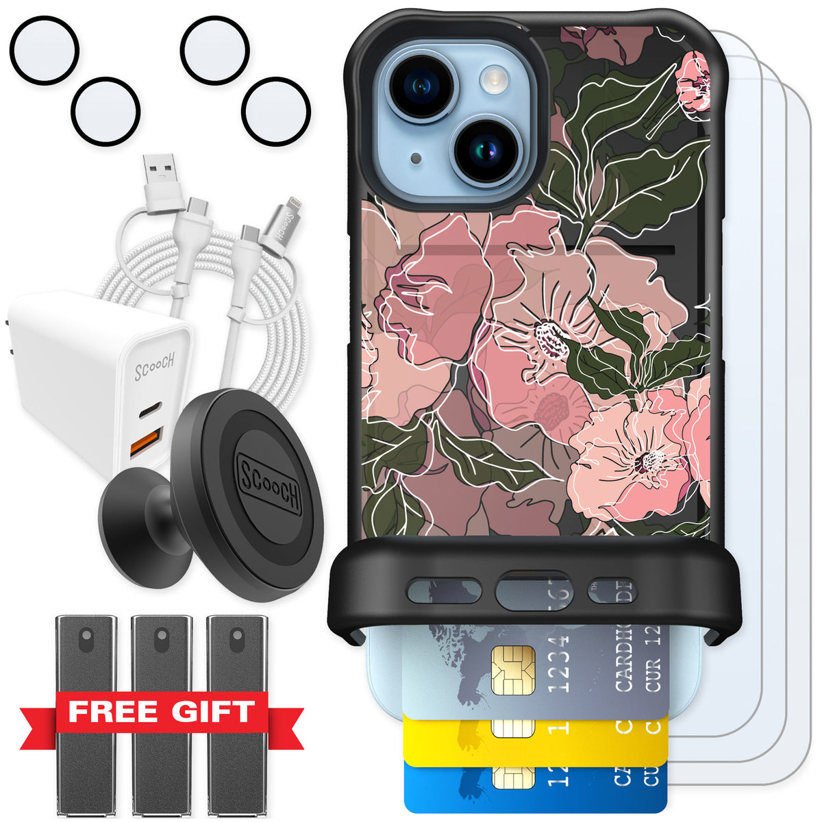 Scooch Wingmate Blush Botanical for iPhone 15 — Ultimate Bundle