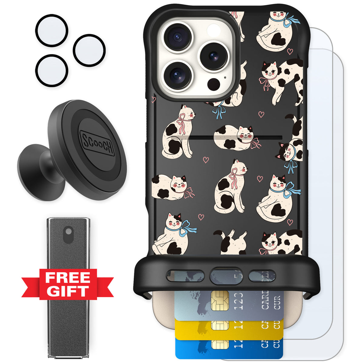 Scooch Wingmate Bow Kitties for iPhone 16 Pro Max — Defender Bundle