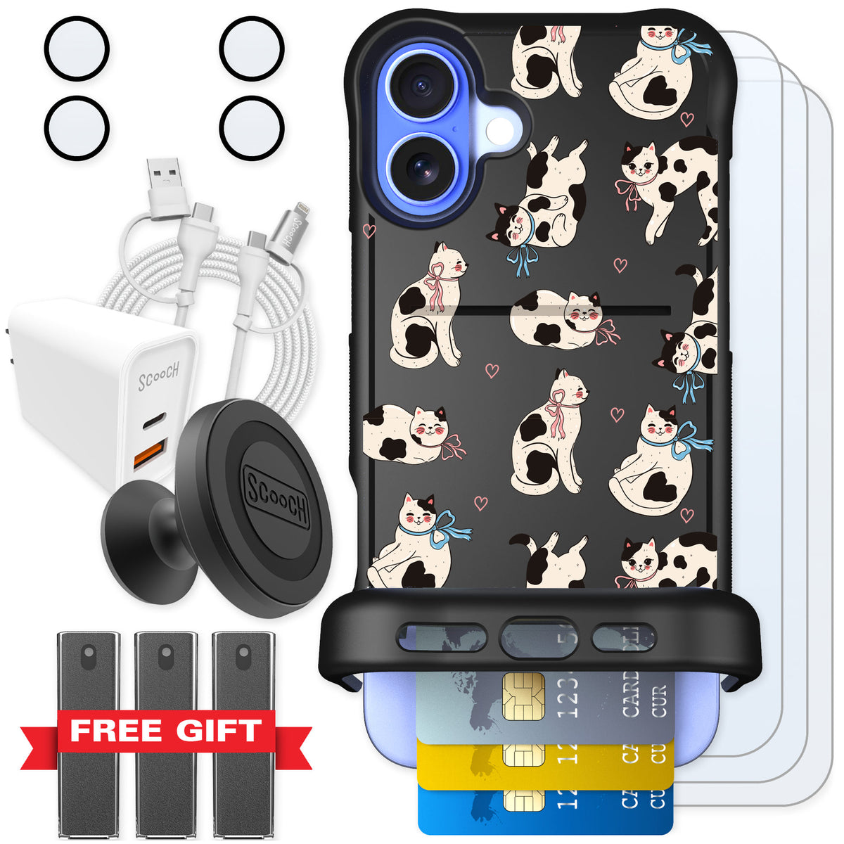 Scooch Wingmate Bow Kitties for iPhone 16 Plus — Ultimate Bundle