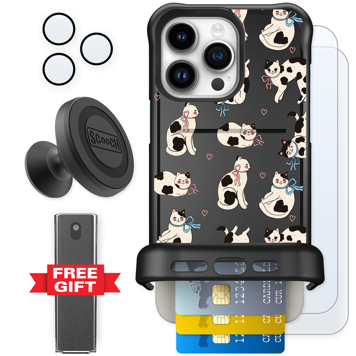 Scooch Wingmate Bow Kitties for iPhone 15 Pro Max — Defender Bundle