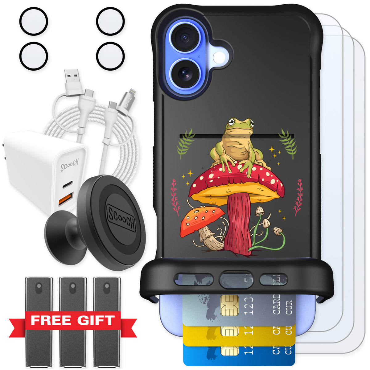 Scooch Wingmate Toadstool Frog for iPhone 16 Plus — Ultimate Bundle