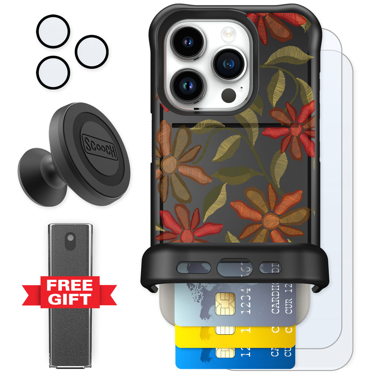 Scooch Wingmate Floral Tapestry for iPhone 15 Pro — Defender Bundle