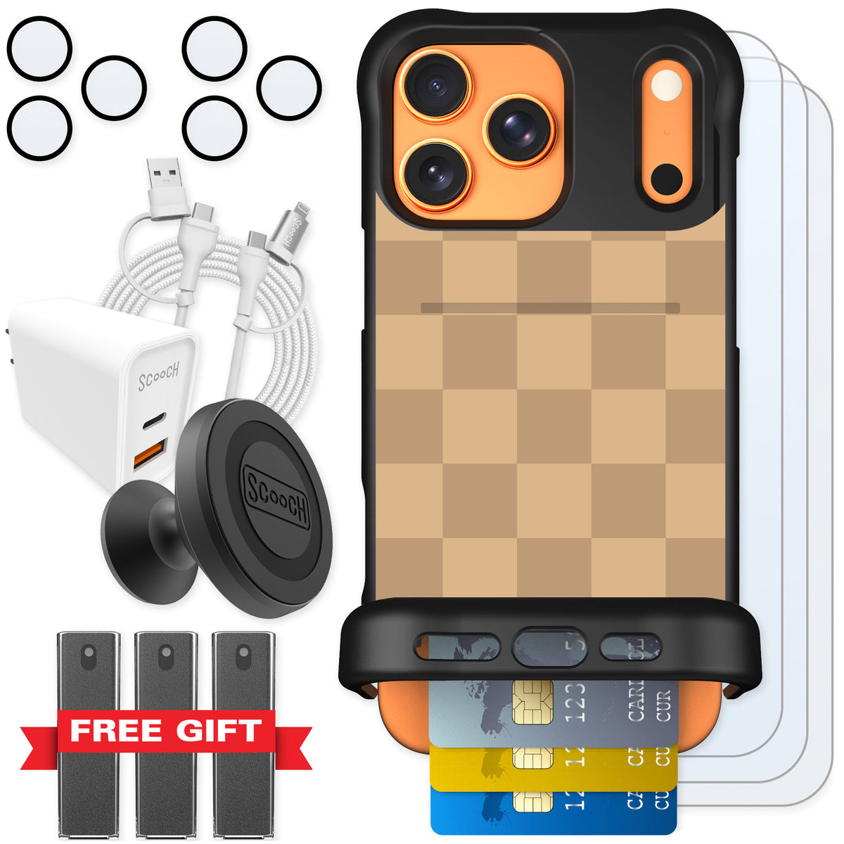 Scooch Wingmate Checkered Beige for iPhone 17 Pro Max β Ultimate Bundle
