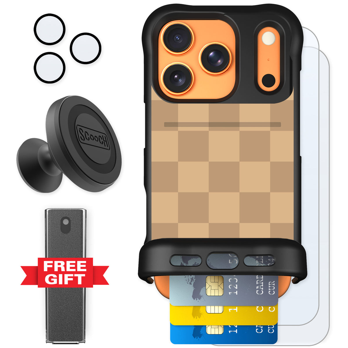 Scooch Wingmate Checkered Beige for iPhone 17 Pro β Defender Bundle