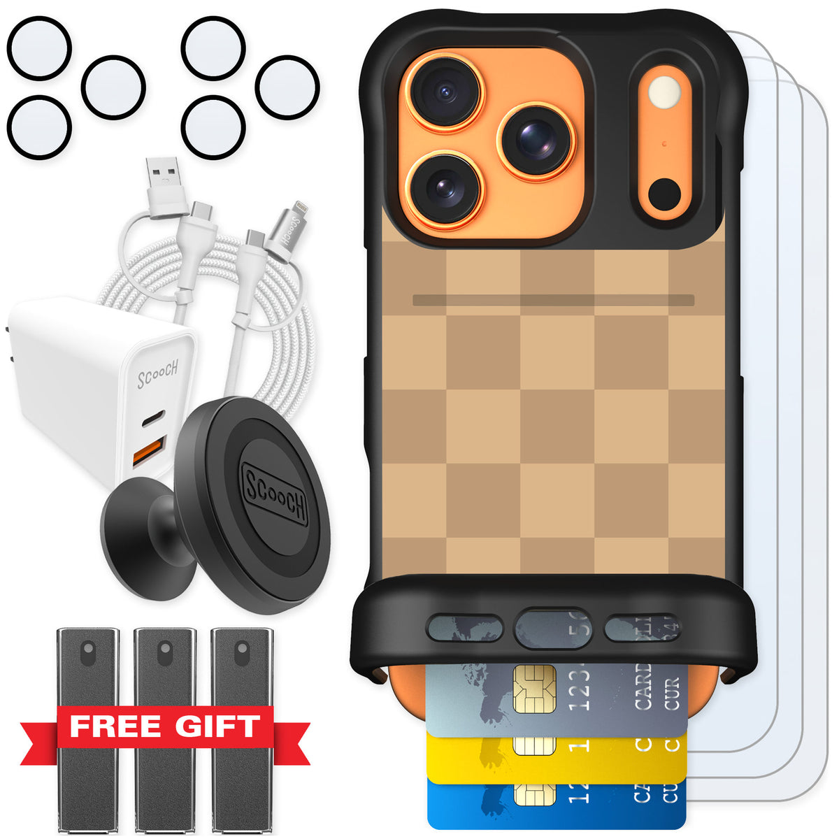 Scooch Wingmate Checkered Beige for iPhone 17 Pro β Ultimate Bundle