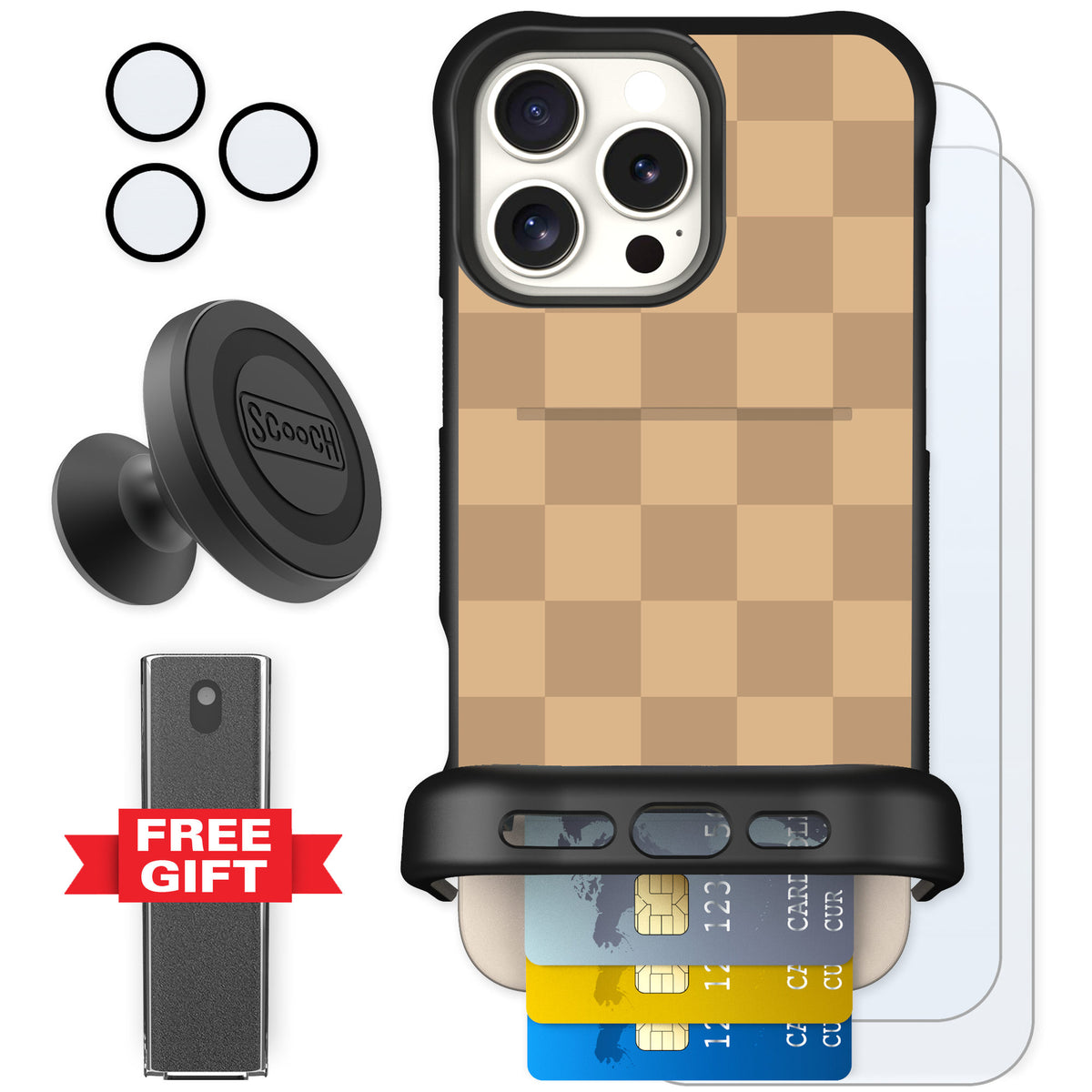 Scooch Wingmate Checkered Beige for iPhone 16 Pro Max β Defender Bundle