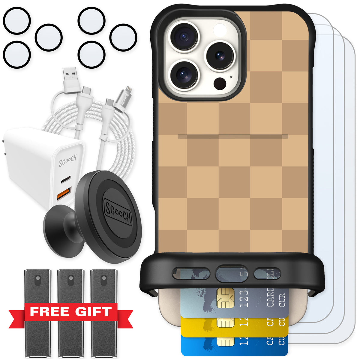 Scooch Wingmate Checkered Beige for iPhone 16 Pro Max β Ultimate Bundle