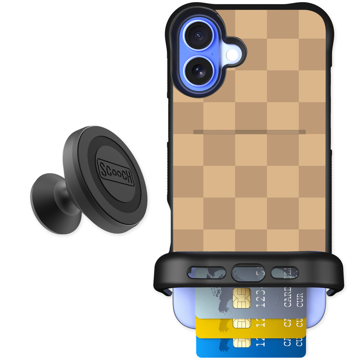 Scooch Wingmate Checkered Beige for iPhone 16 Plus β Starter Bundle