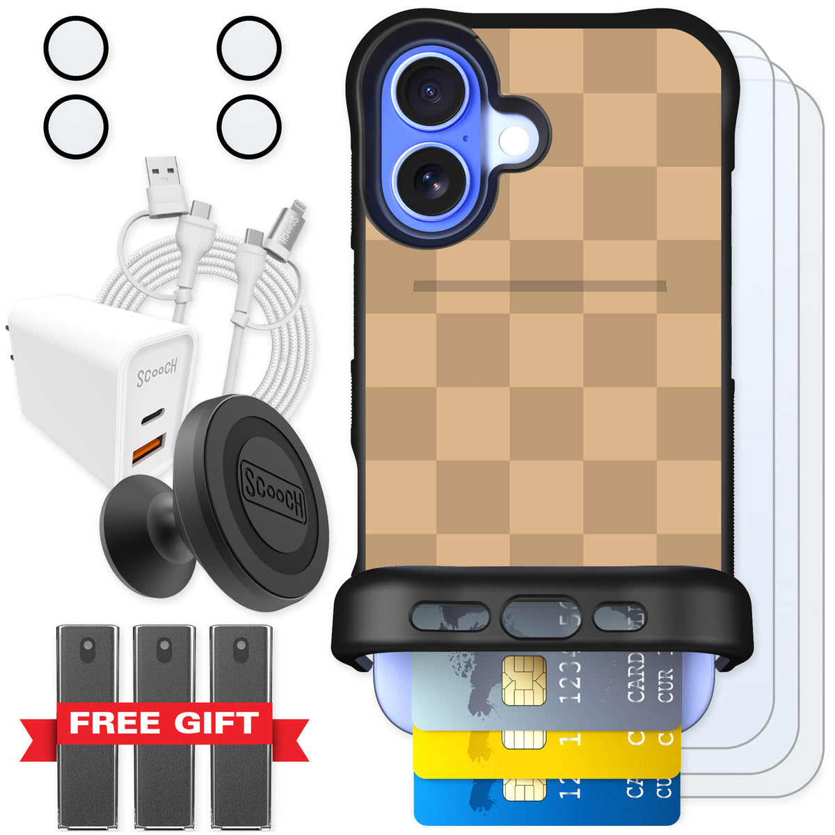Scooch Wingmate Checkered Beige for iPhone 16 β Ultimate Bundle