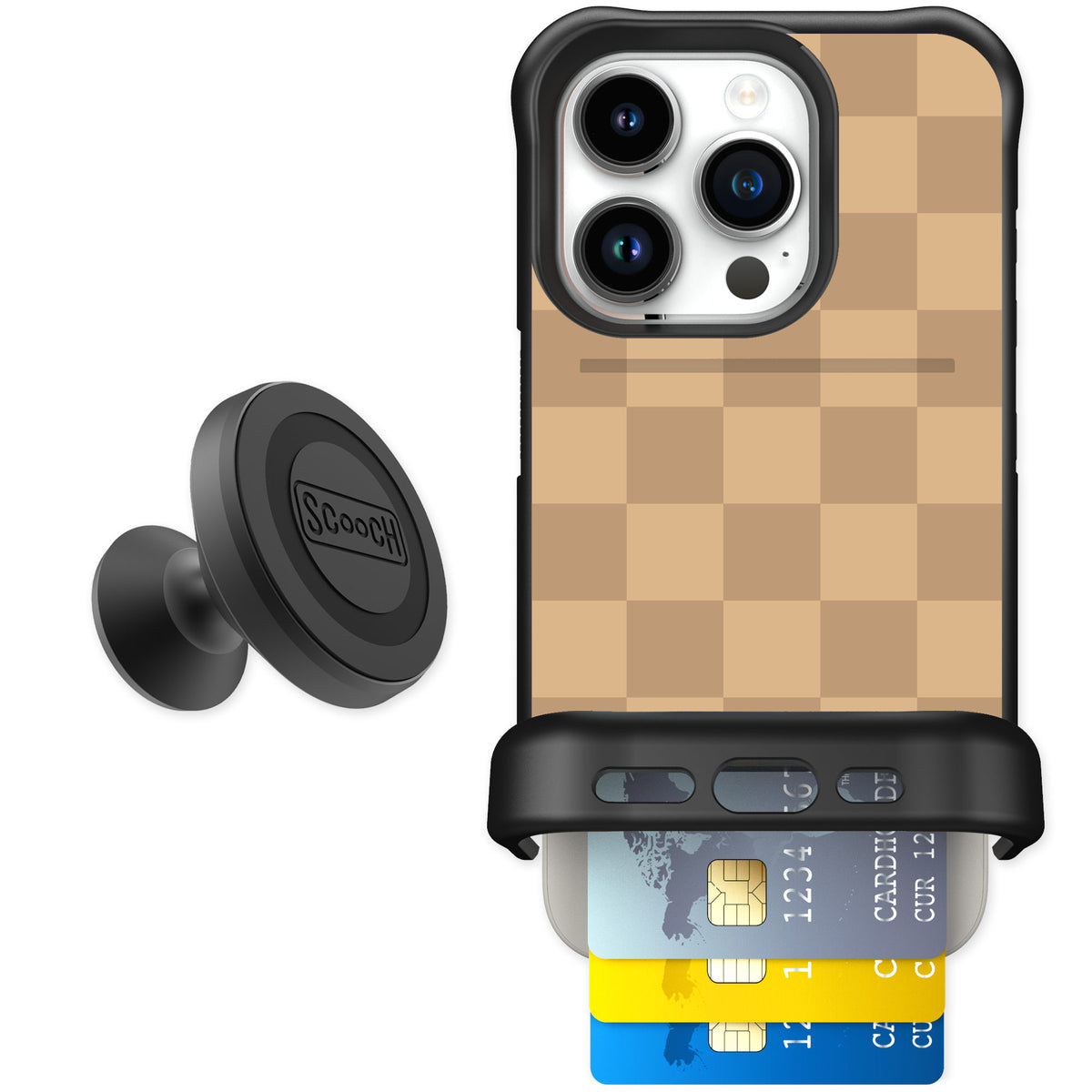 Scooch Wingmate Checkered Beige for iPhone 15 Pro β Starter Bundle