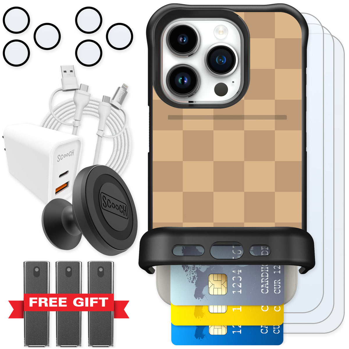 Scooch Wingmate Checkered Beige for iPhone 15 Pro β Ultimate Bundle