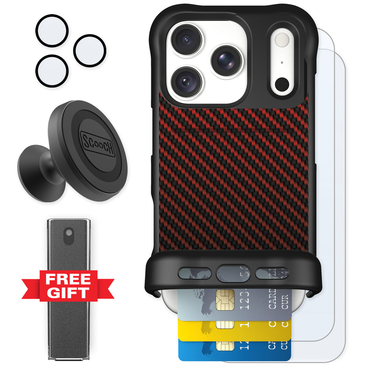 Scooch Wingmate Red Carbon Fiber for iPhone 18 Pro β Defender Bundle