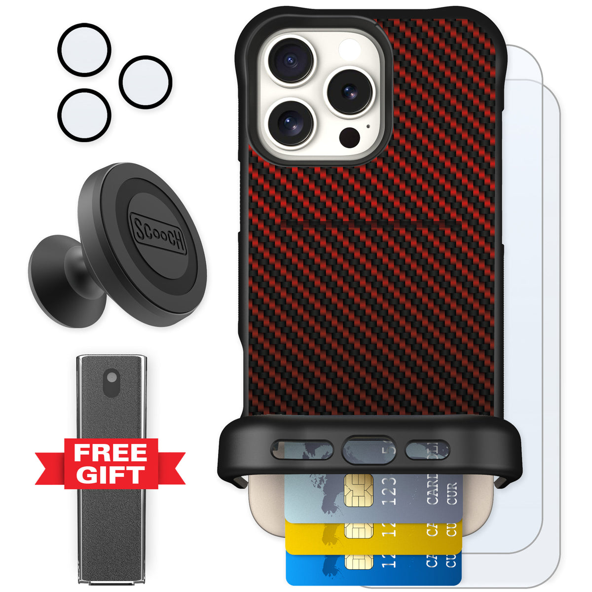 Scooch Wingmate Red Carbon Fiber for iPhone 16 Pro Max β Defender Bundle