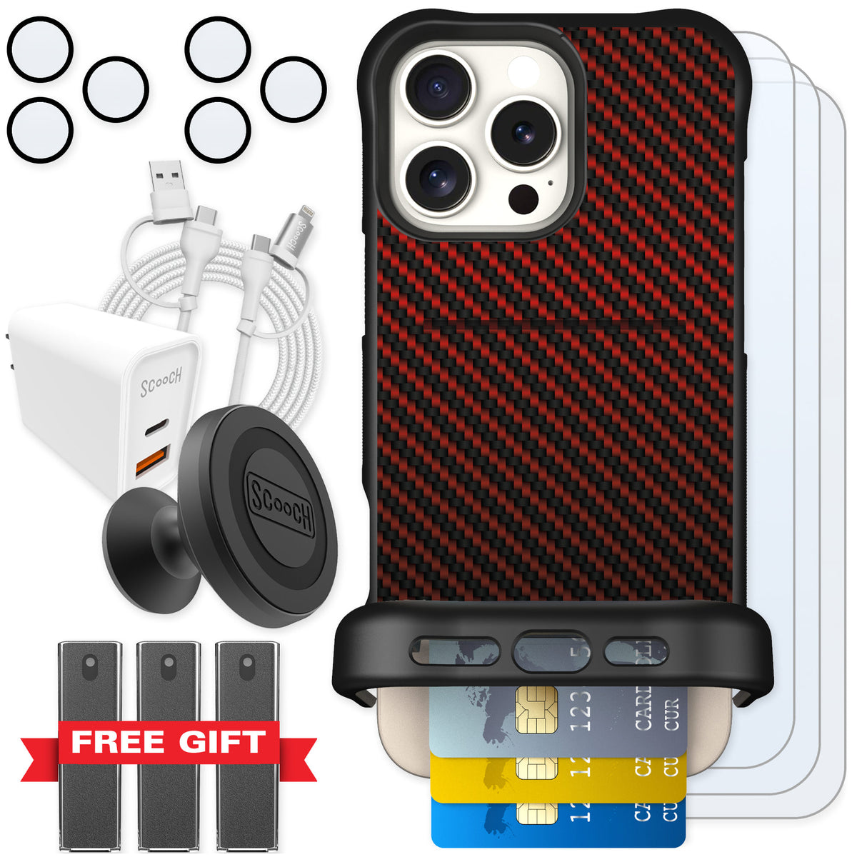 Scooch Wingmate Red Carbon Fiber for iPhone 16 Pro Max β Ultimate Bundle