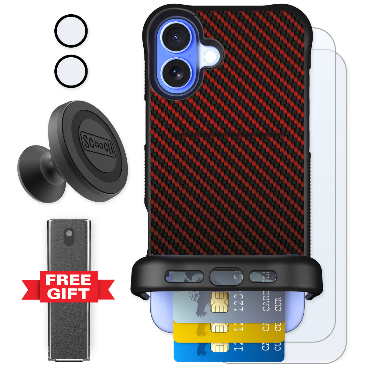 Scooch Wingmate Red Carbon Fiber for iPhone 16 Plus β Defender Bundle