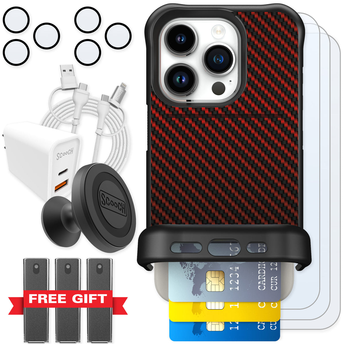 Scooch Wingmate Red Carbon Fiber for iPhone 15 Pro β Ultimate Bundle