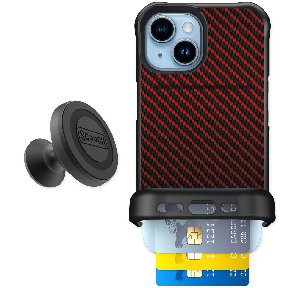 Scooch Wingmate Red Carbon Fiber for iPhone 15 β Starter Bundle