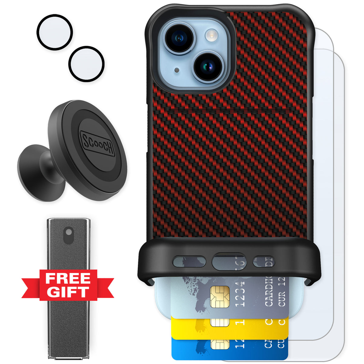 Scooch Wingmate Red Carbon Fiber for iPhone 15 β Defender Bundle
